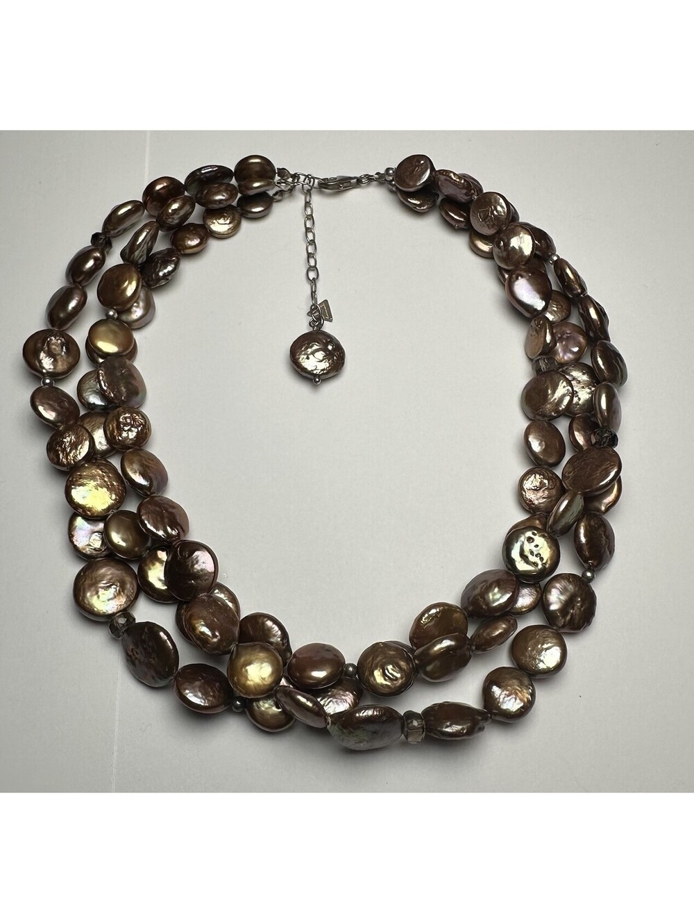 Multi-Strand Bronze Pearly Coin Bead Statement Necklace Adjustable Length